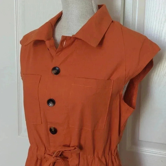 Pretty Little Things Rust Sleeveless Button Front Utility Romper - Picture 6 of 8
